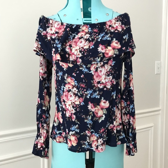 h.i.p. Tops - HIP navy blue floral off shoulder ballet neck top